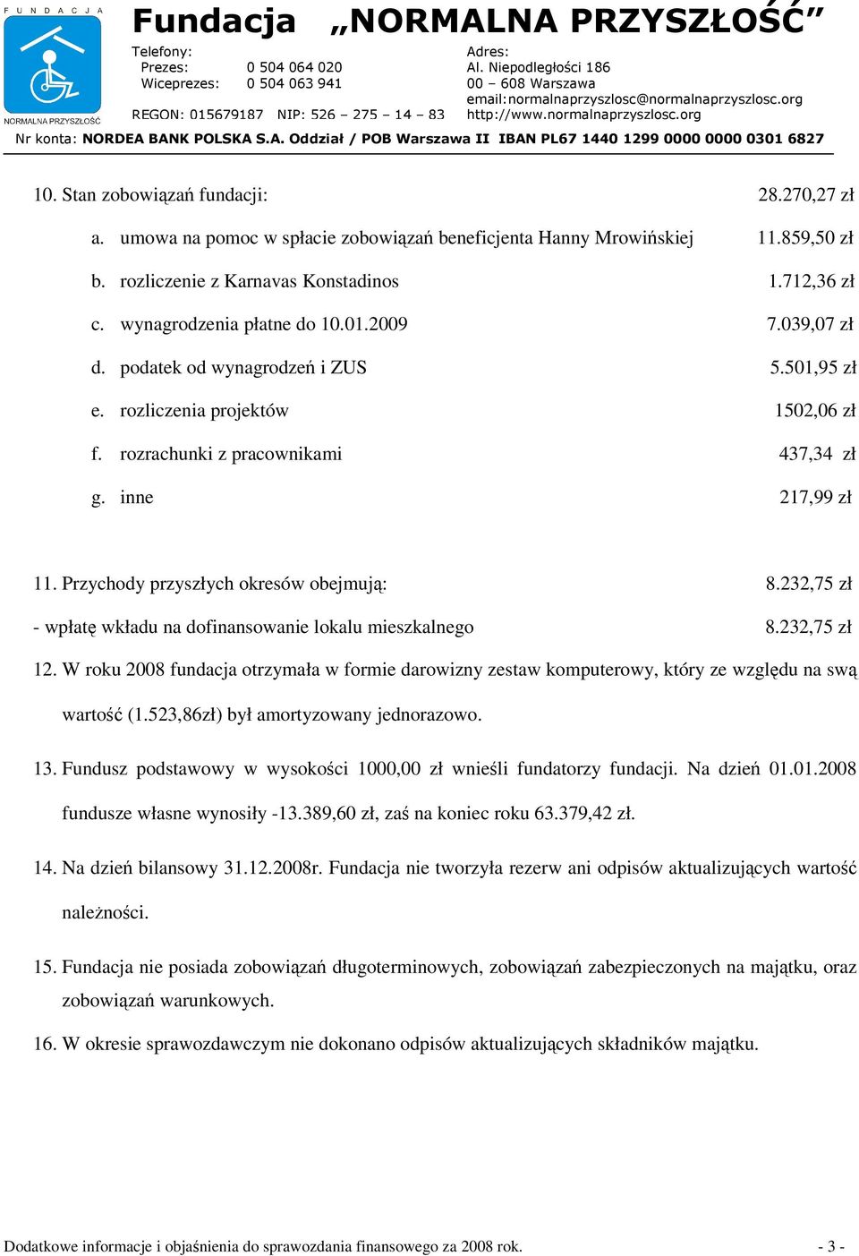 Przychody przyszłych okresów obejmuj: 8.232,75 zł - wpłat wkładu na dofinansowanie lokalu mieszkalnego 8.232,75 zł 12.