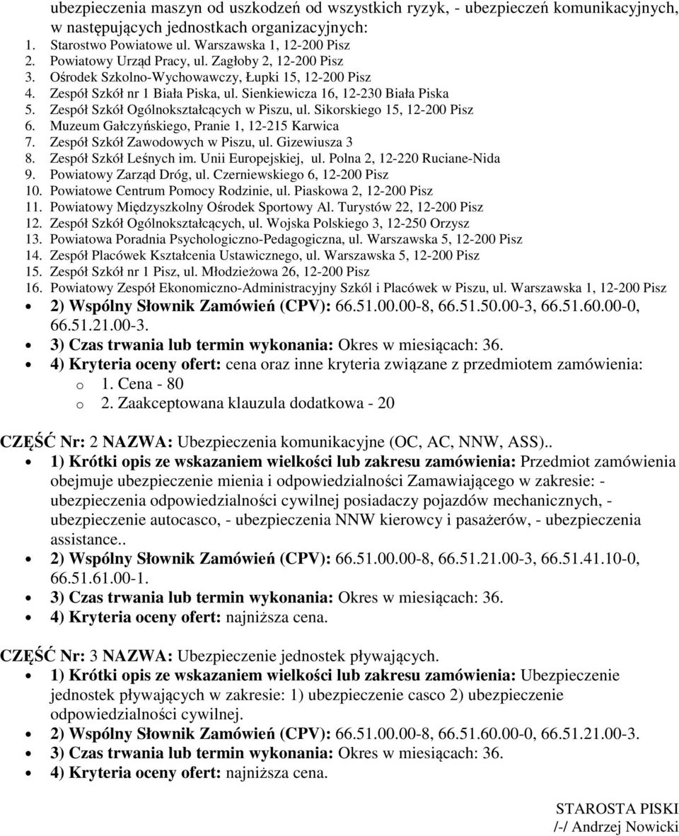 Zespół Szkół Ogólnokształcących w Piszu, ul. Sikorskiego 15, 12-200 Pisz 6. Muzeum Gałczyńskiego, Pranie 1, 12-215 Karwica 7. Zespół Szkół Zawodowych w Piszu, ul. Gizewiusza 3 8.