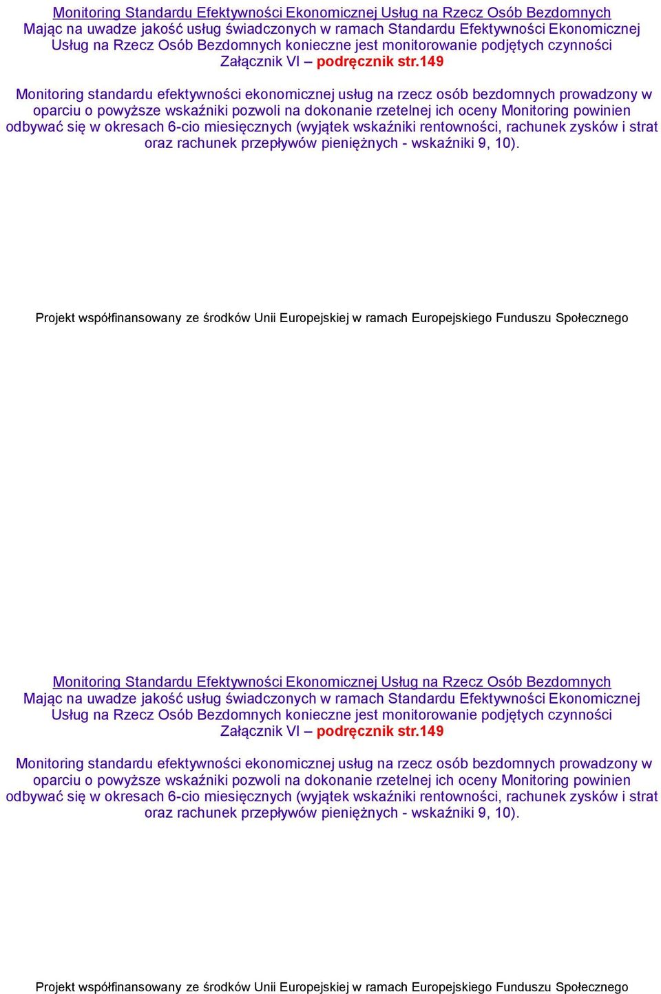 149 Monitoring standardu efektywności ekonomicznej usług na rzecz osób bezdomnych prowadzony w oparciu o powyższe wskaźniki pozwoli na dokonanie rzetelnej ich oceny Monitoring powinien odbywać się w