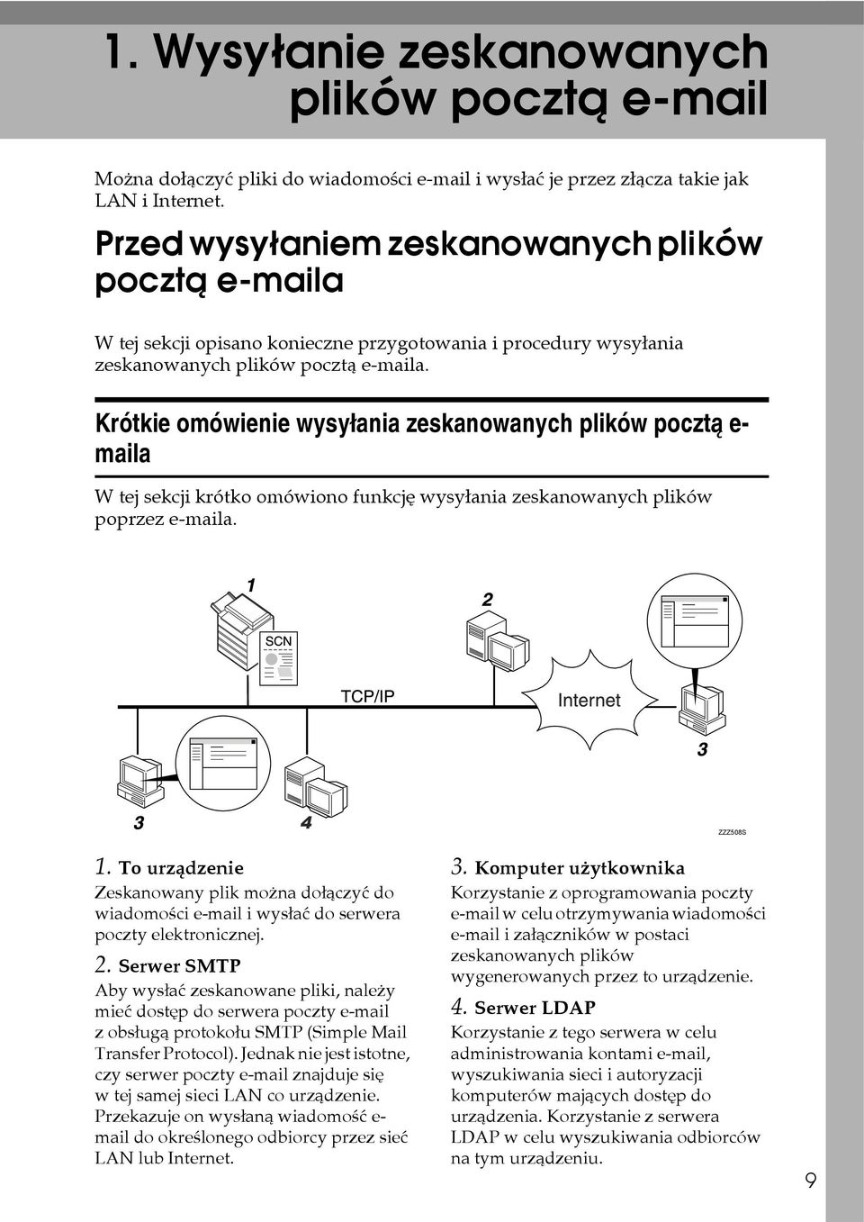 Krótkie omówienie wysyâania zeskanowanych plików pocztà e- maila W tej sekcji krótko omówiono funkcjê wysyâania zeskanowanych plików poprzez e-maila. ZZZ508S 1.