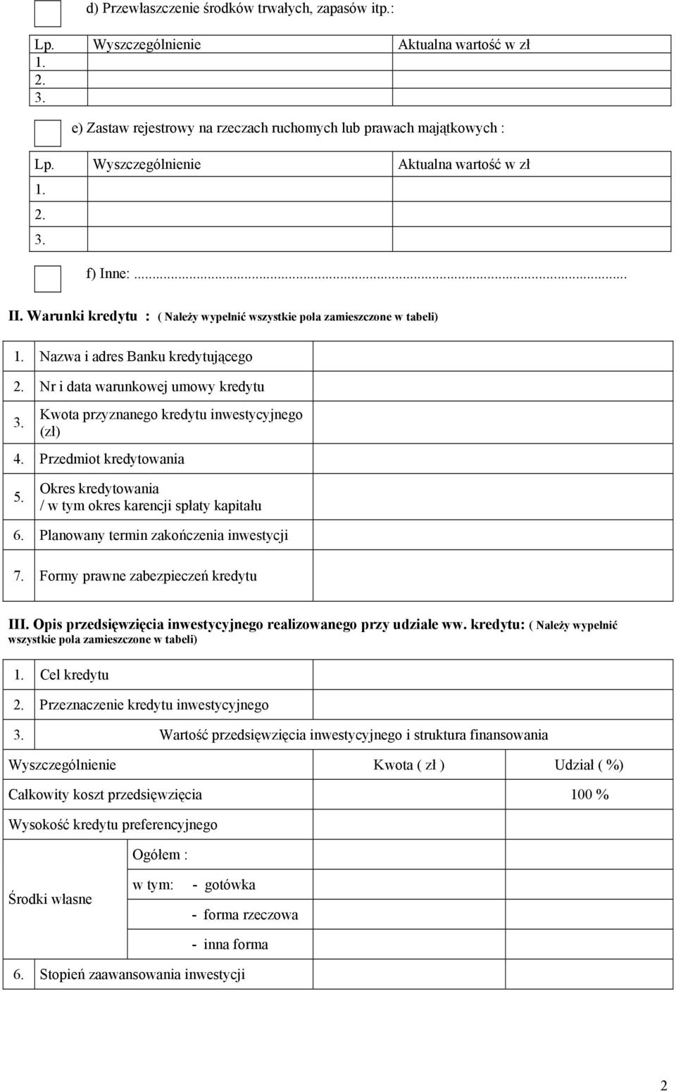 Nr i data warunkowej umowy kredytu 3. Kwota przyznanego kredytu inwestycyjnego 4. Przedmiot kredytowania 5. Okres kredytowania / w tym okres karencji spłaty kapitału 6.
