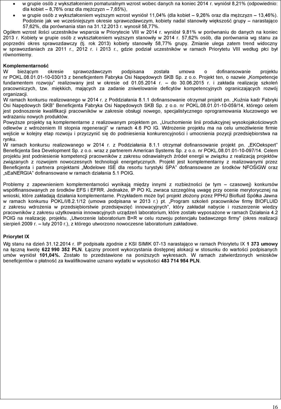 Podobnie jak we wcześniejszym okresie sprawozdawczym, kobiety nadal stanowiły większość grupy narastająco 57,62%, dla porównania stan na 31.12.2013 r. wynosił 58,77%.