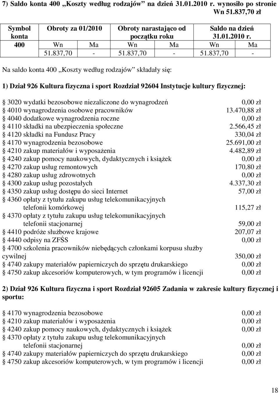 837,70 Na saldo konta 400 Koszty według rodzajów składały się: 1) Dział 926 Kultura fizyczna i sport Rozdział 92604 Instytucje kultury fizycznej: 3020 wydatki bezosobowe niezaliczone do wynagrodzeń