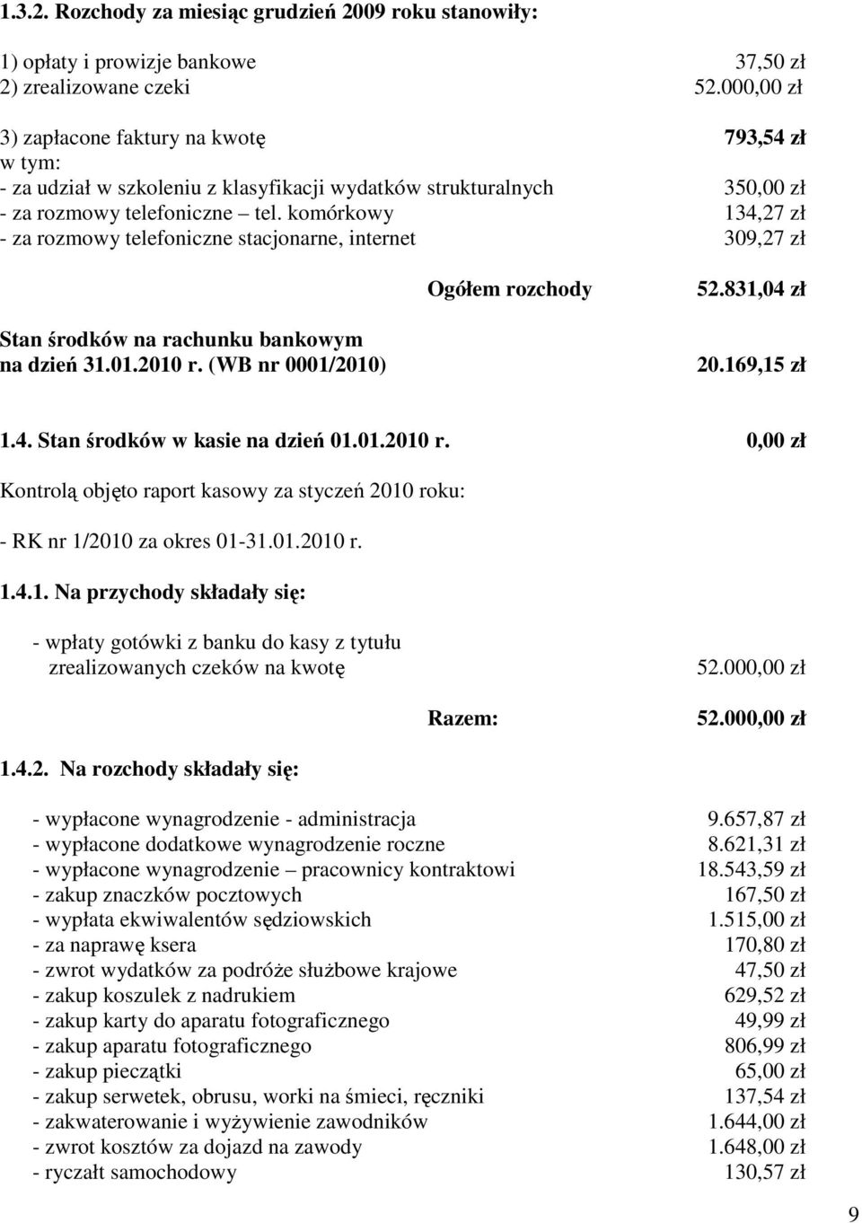 komórkowy 134,27 zł za rozmowy telefoniczne stacjonarne, internet 309,27 zł Ogółem rozchody 52.831,04 zł Stan środków na rachunku bankowym na dzień 31.01.2010 r. (WB nr 0001/2010) 20.169,15 zł 1.4. Stan środków w kasie na dzień 01.