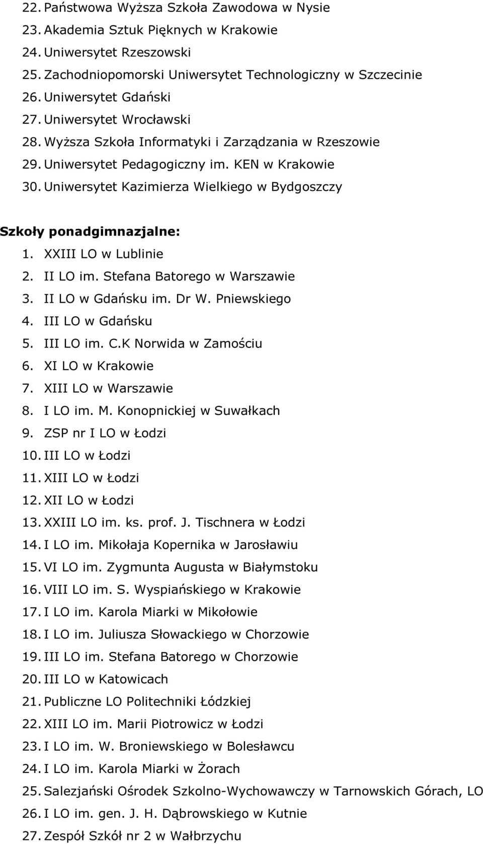 Uniwersytet Kazimierza Wielkiego w Bydgoszczy Szkoły ponadgimnazjalne: 1. XXIII LO w Lublinie 2. II LO im. Stefana Batorego w Warszawie 3. II LO w Gdańsku im. Dr W. Pniewskiego 4. III LO w Gdańsku 5.