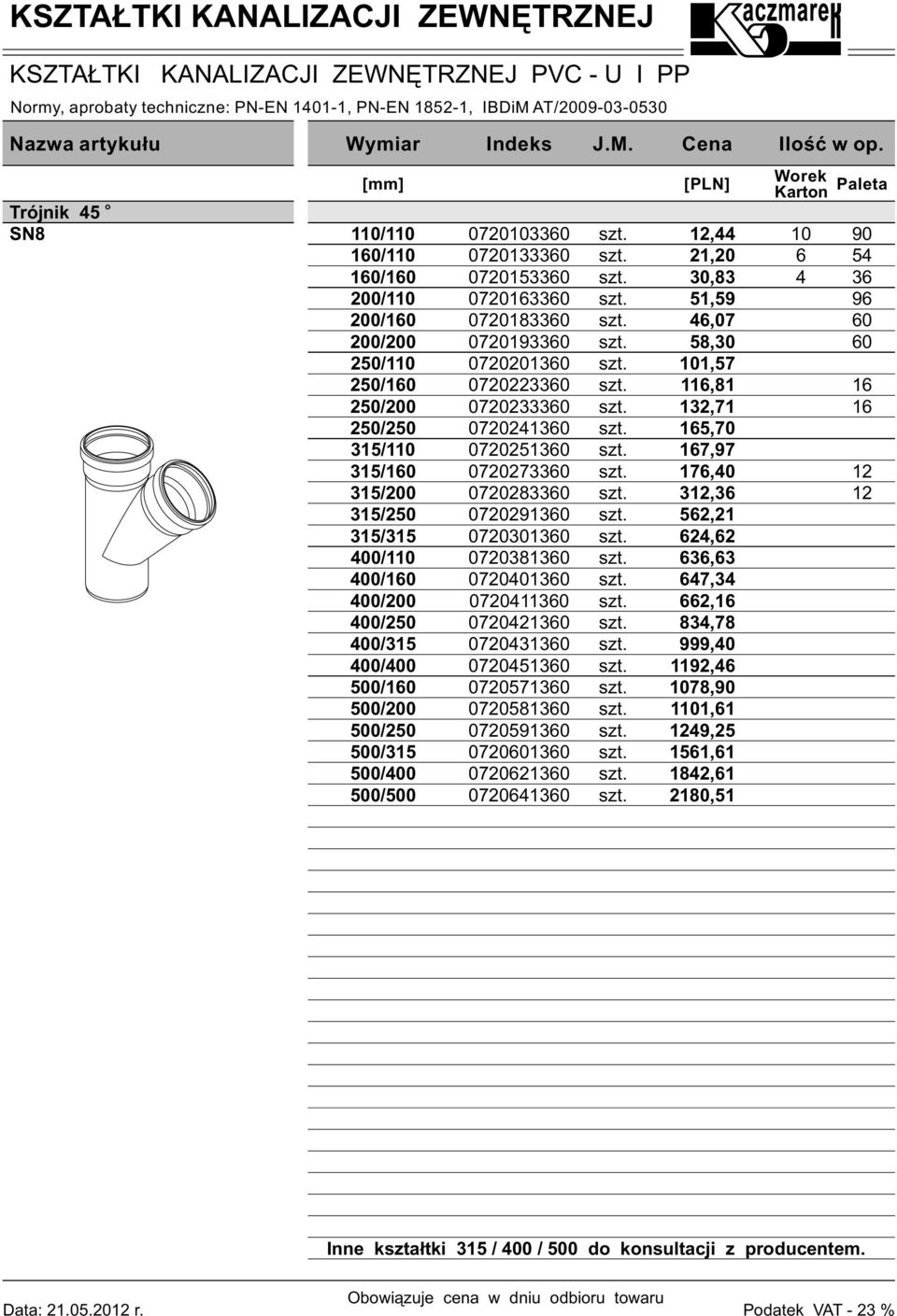 Trójnik 45 SN [mm] [PLN] Wrek Kartn / / / 0/ 0/ 0/0 / / /0 / 5/ 5/ 5/0 5/ 5/5 400/ 400/ 400/0 400/ 400/5 400/400 0/ 0/0 0/ 0/5 0/400 0/0 070 07 07 07 07 0790 07