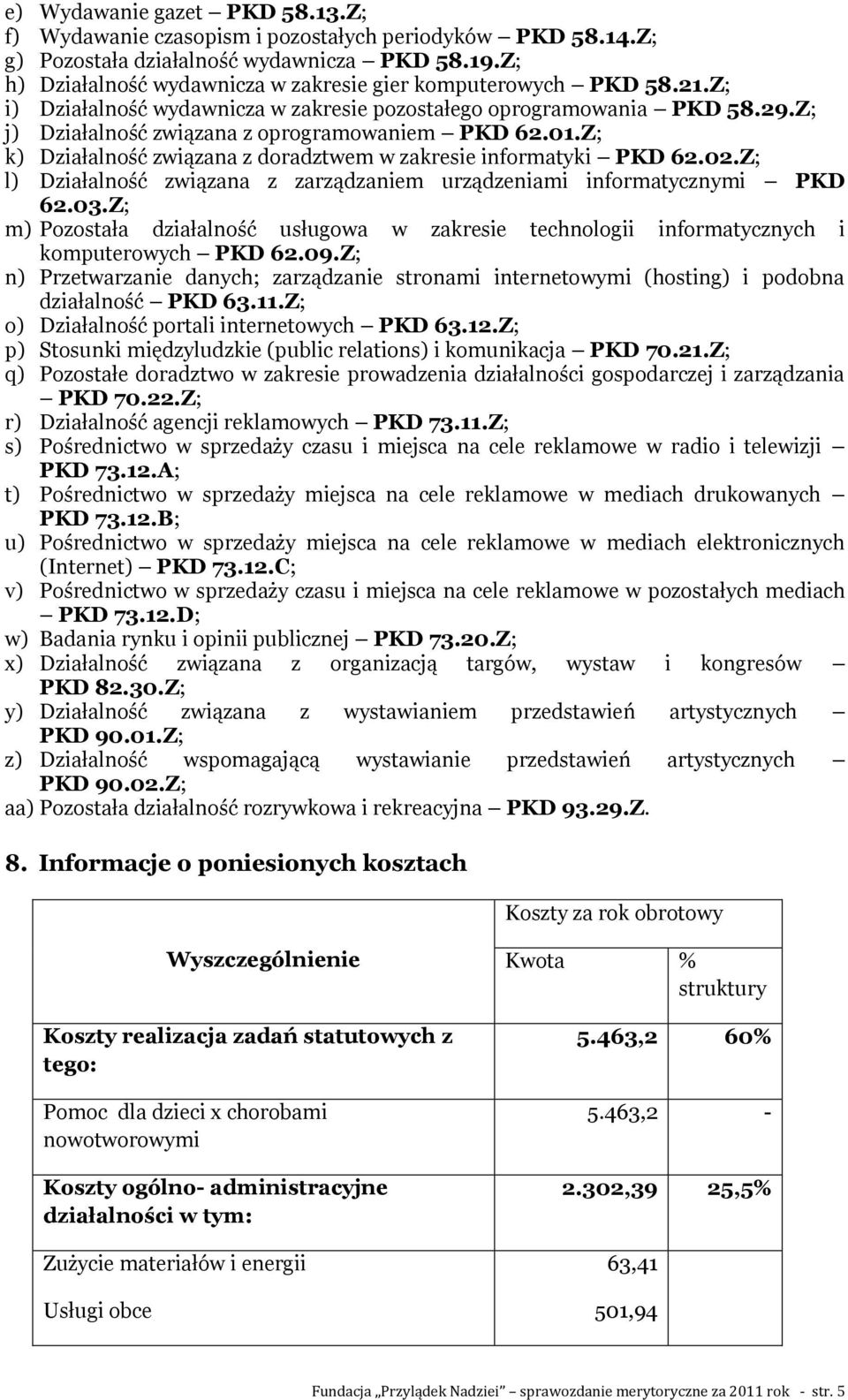 01.Z; k) Działalność związana z doradztwem w zakresie informatyki PKD 62.02.Z; l) Działalność związana z zarządzaniem urządzeniami informatycznymi PKD 62.03.