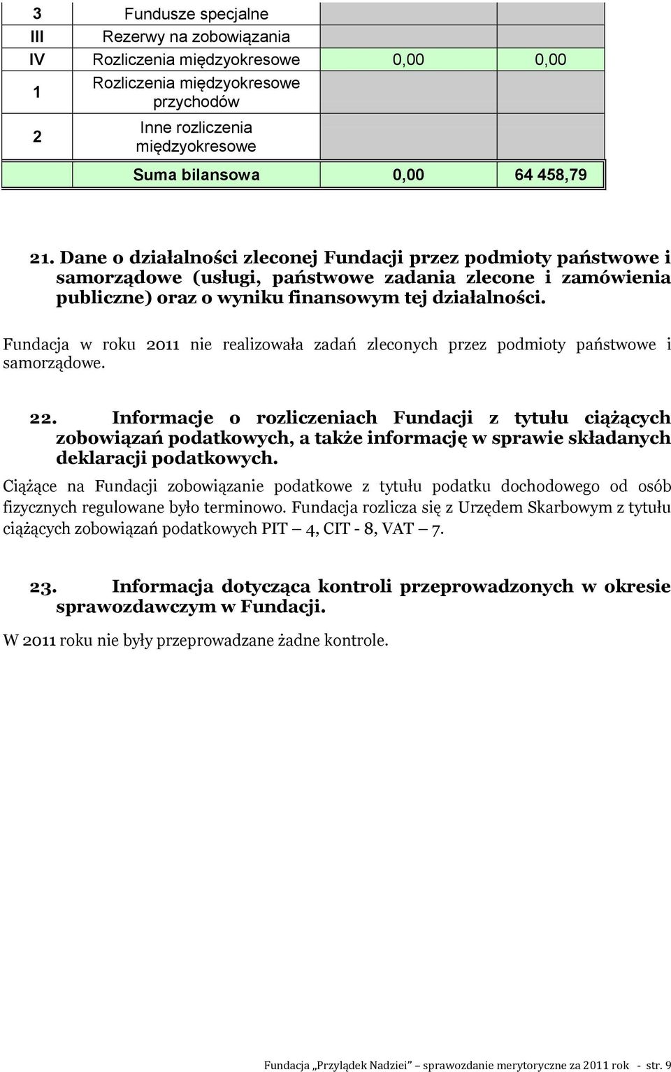 Fundacja w roku 2011 nie realizowała zadań zleconych przez podmioty państwowe i samorządowe. 22.