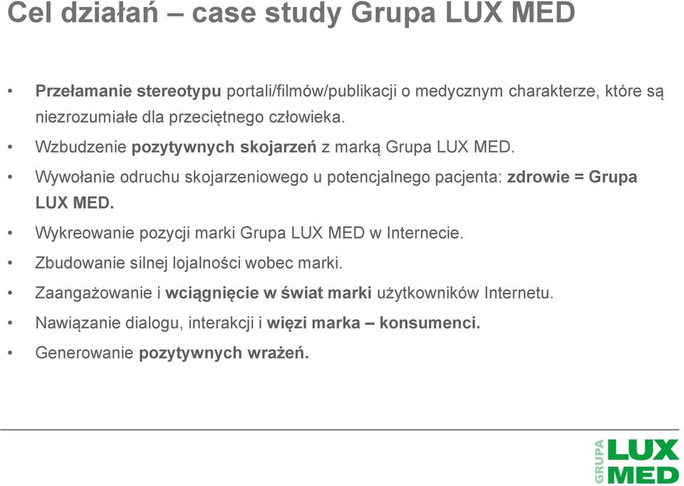 Wywołanie odruchu skojarzeniowego u potencjalnego pacjenta: zdrowie = Grupa LUX MED. Wykreowanie pozycji marki Grupa LUX MED w Internecie.