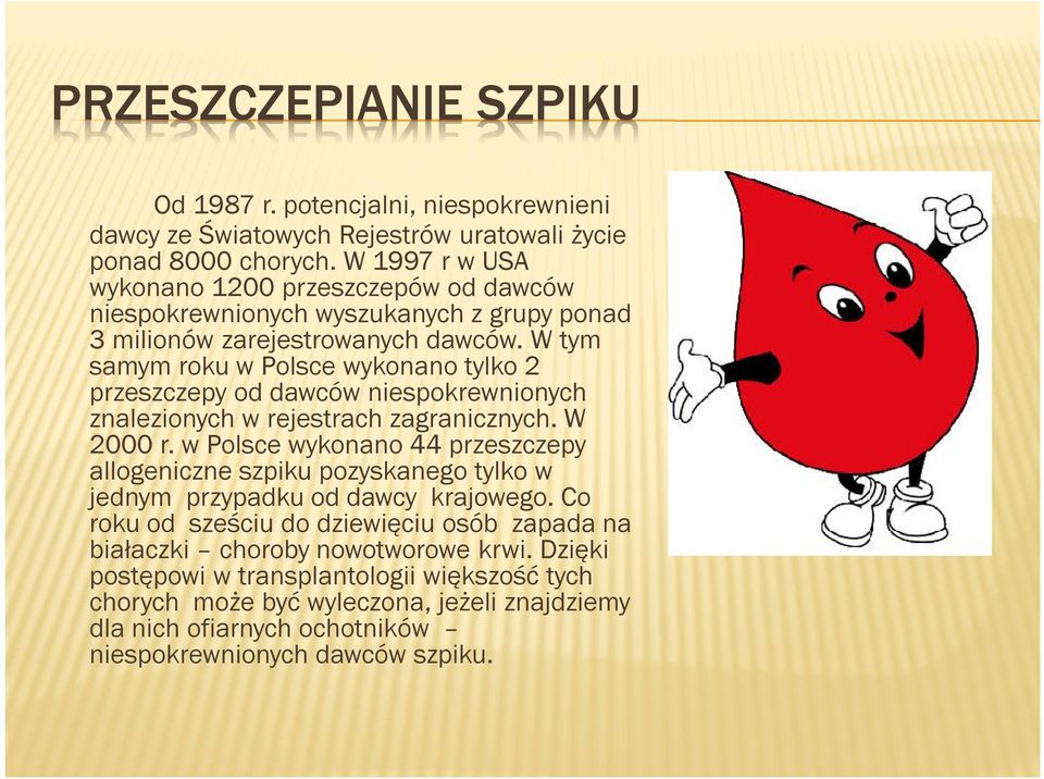 W tym samym roku w Polsce wykonano tylko 2 przeszczepy od dawców niespokrewnionych znalezionych w rejestrach zagranicznych. W 2000 r.