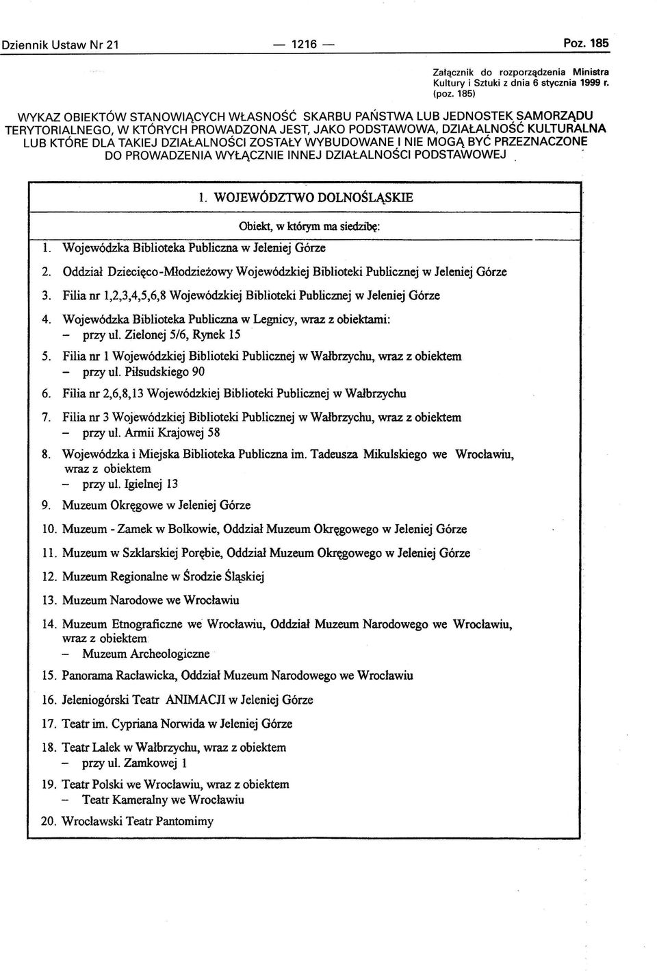 ZOSTAŁY WYBUDOWANE I NIE MOGĄ BYĆ PRZEZNACZONE DO PROWADZENIA WYŁĄCZNIE INNEJ DZIAŁALNOŚCI PODSTAWOWEJ.. 1. WOJEWÓDZ1WO DOLNOŚLĄSKIE 1. Wojewódzka Biblioteka Publiczna w Jeleniej Górze 2.