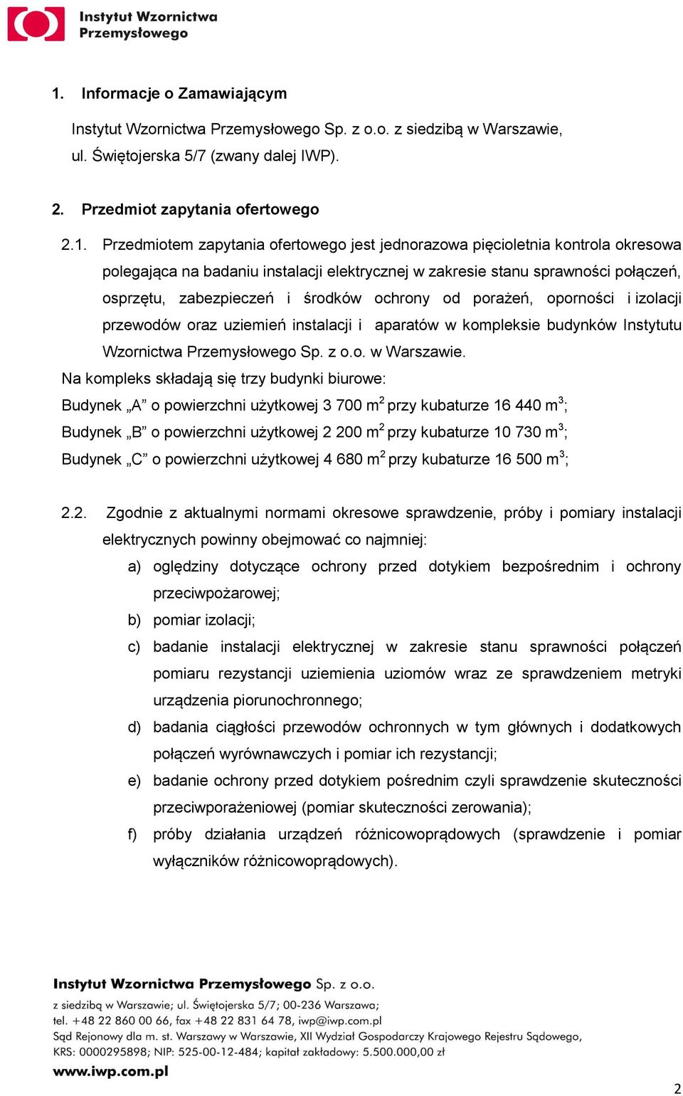 oporności i izolacji przewodów oraz uziemień instalacji i aparatów w kompleksie budynków Instytutu Wzornictwa Przemysłowego Sp. z o.o. w Warszawie.