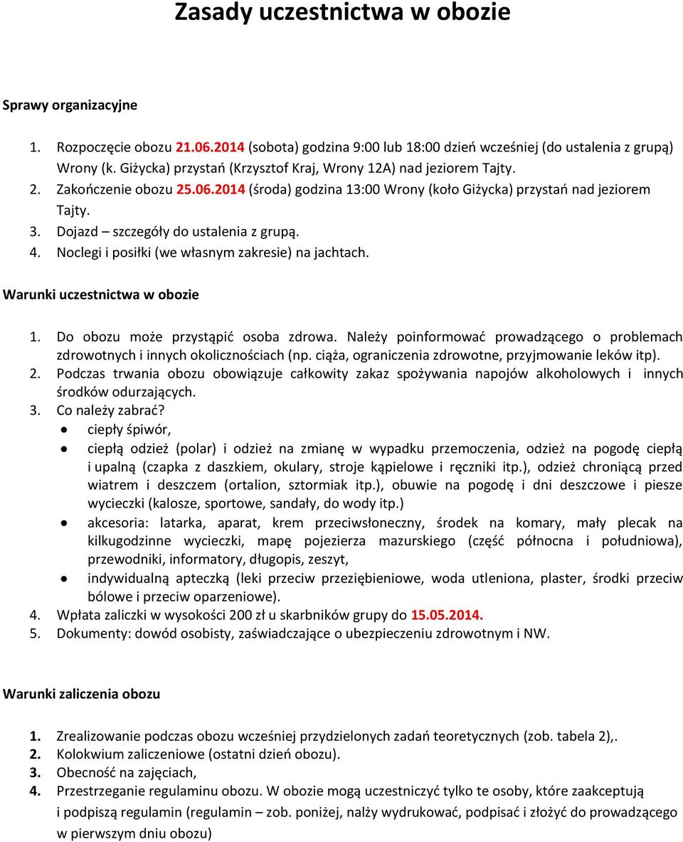 Dojazd szczegóły do ustalenia z grupą. 4. Noclegi i posiłki (we własnym zakresie) na jachtach. Warunki uczestnictwa w obozie 1. Do obozu może przystąpić osoba zdrowa.