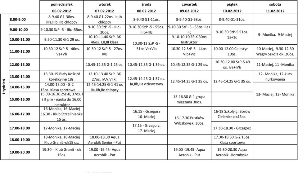 10.45-12.35 G-1 25 os. 10.45-12.35 G-1 39 os. 10.45-12.35 G-1 29 os. 13.30-15 Biały Kościół korekcyjne - G-2 16.30 - Klub Strzelinianka 15 os. 12.10-13.40 SzP. BK 27os. IV,V,VI kl. 12.45-14.