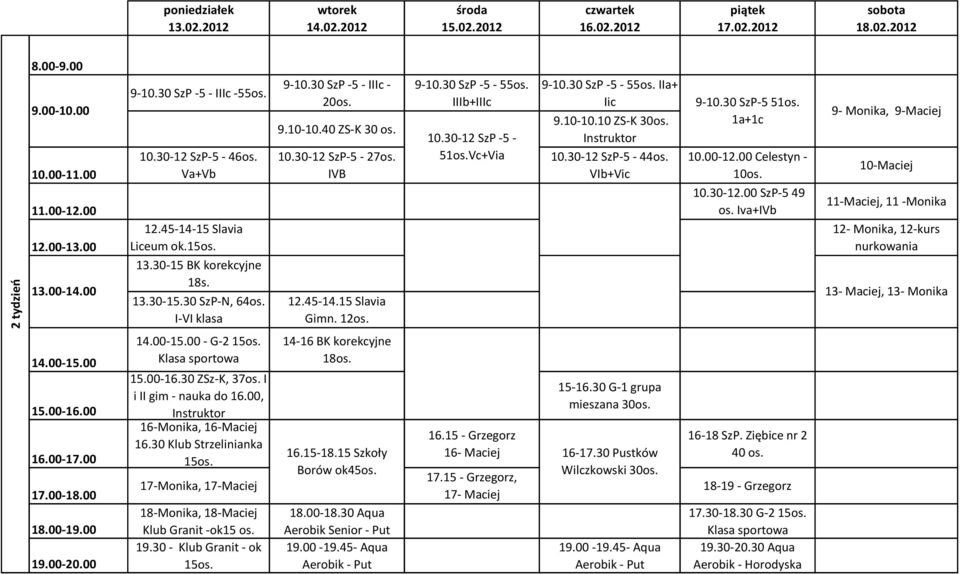 30 SzP -5 - IIIc - 9.10-10.40 ZS-K 30 os. 12.45-14.15 Slavia Gimn. 12os. 9-10.30 SzP -5-55os. 9-10.30 SzP -5-55os. IIa+ 10.