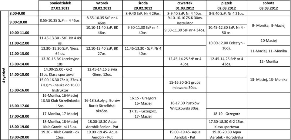 55-10.35 SzP nr 4 10.10-11.40 SzP. BK 12.10-13.40 SzP. BK 27os. 12.45-14.15 Slavia Gimn. 12os. Borek Strzeliński ok45os. 9.