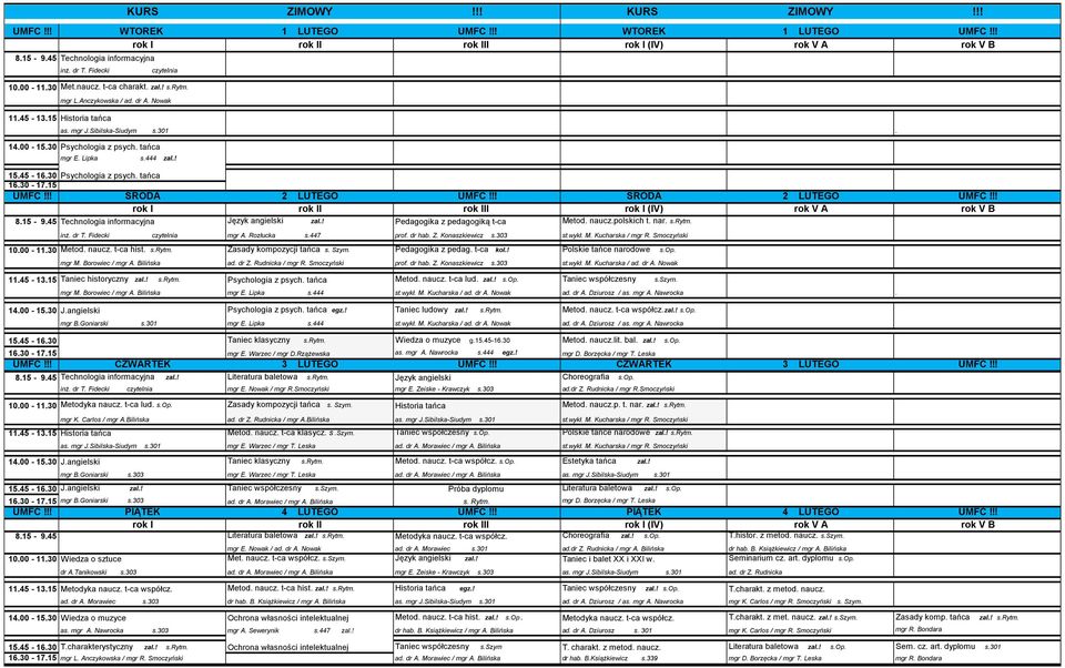 30-17.15 UMFC!!! ŚRODA 2 LUTEGO UMFC!!! ŚRODA 2 LUTEGO UMFC!!! 8.15-9.45 Technologia informacyjna Język angielski zal.! Pedagogika z pedagogiką t-ca Metod. naucz.polskich t. nar. s.rytm. inż. dr T.