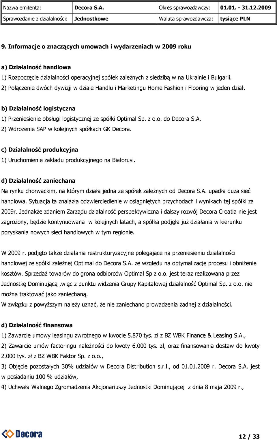 A. 2) WdroŜenie SAP w kolejnych spółkach GK Decora. c) Działalność produkcyjna 1) Uruchomienie zakładu produkcyjnego na Białorusi.