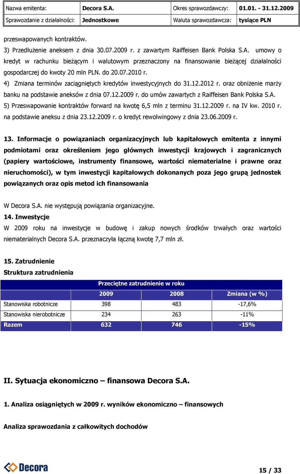 4) Zmiana terminów zaciągniętych kredytów inwestycyjnych do 31.12.2012 r. oraz obniŝenie marŝy banku na podstawie aneksów z dnia 07.12.2009 r. do umów zawartych z Raiffeisen Bank Polska S.A.