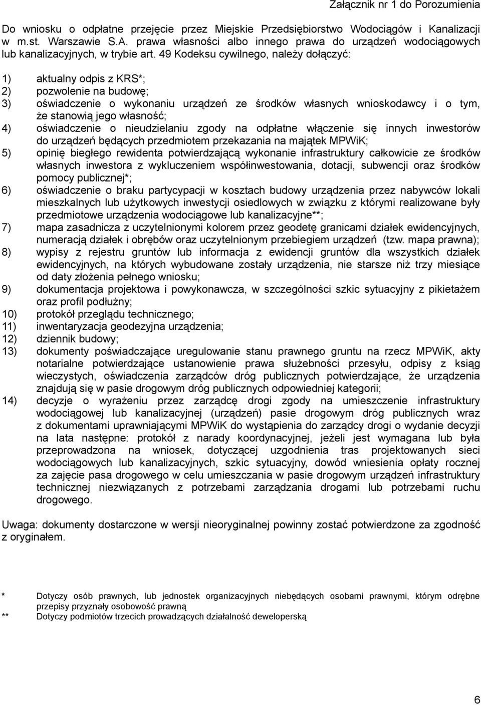 49 Kodeksu cywilnego, należy dołączyć: 1) aktualny odpis z KRS*; 2) pozwolenie na budowę; 3) oświadczenie o wykonaniu urządzeń ze środków własnych wnioskodawcy i o tym, że stanowią jego własność; 4)