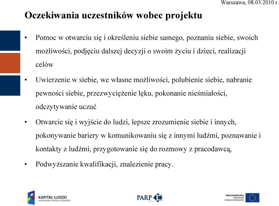 Uwierzenie w siebie, we własne możliwości, polubienie siebie, nabranie pewności siebie, przezwyciężenie lęku, pokonanie nieśmiałości, odczytywanie uczuć