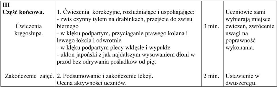 przyciąganie prawego kolana i lewego łokcia i odwrotnie - w klęku podpartym plecy wklęsłe i wypukłe - ukłon japoński z jak najdalszym