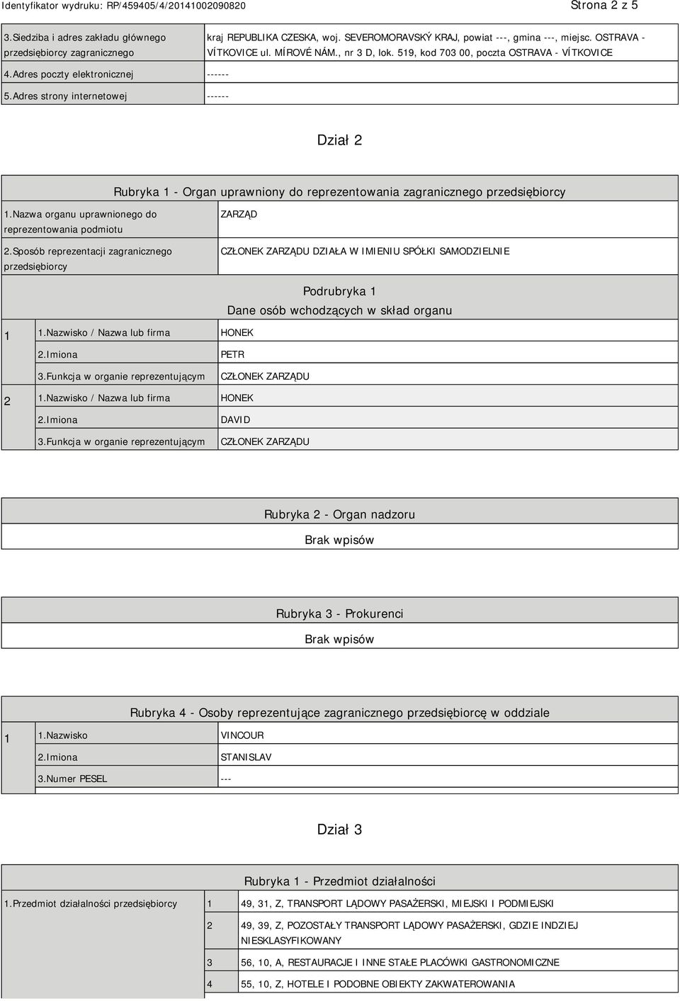 Adres strony internetowej ------ Dział 2 Rubryka 1 - Organ uprawniony do reprezentowania zagranicznego przedsiębiorcy 1.Nazwa organu uprawnionego do reprezentowania podmiotu 2.