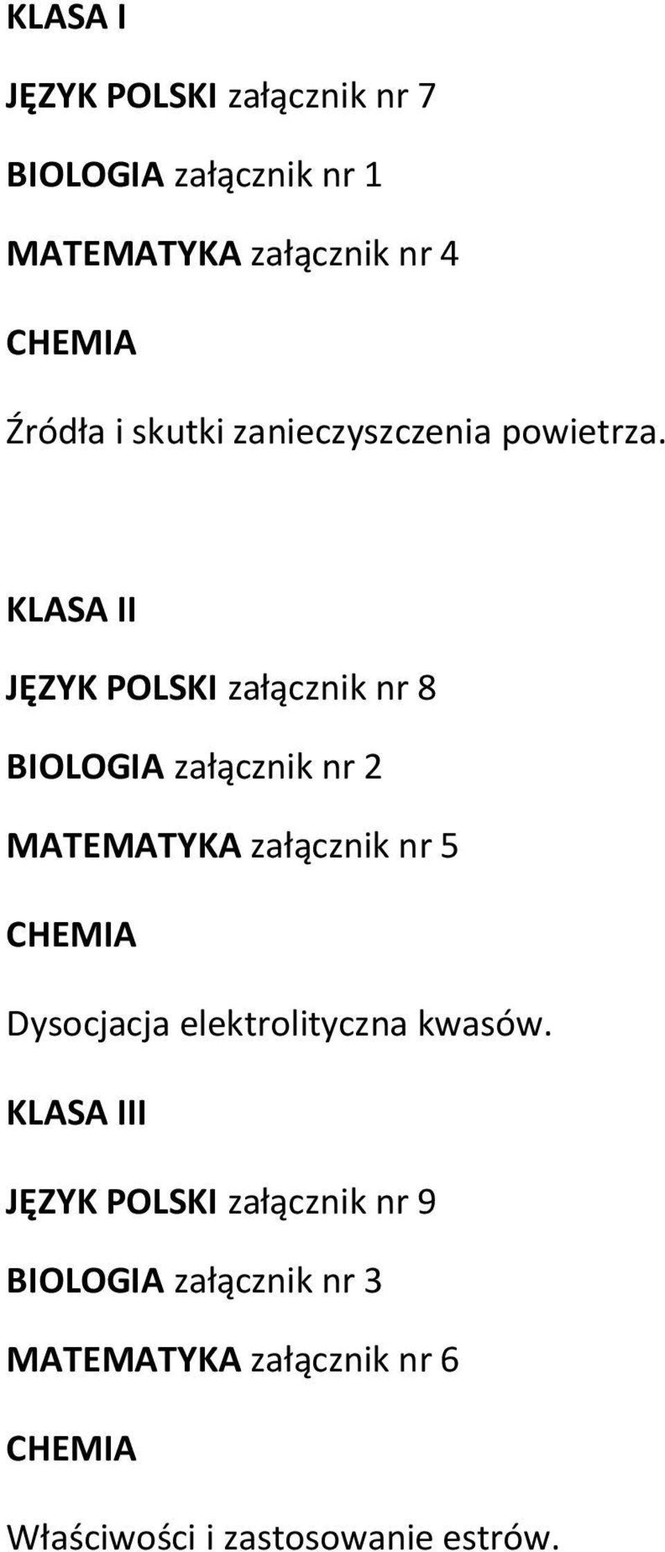 KLASA II JĘZYK POLSKI załącznik nr 8 BIOLOGIA załącznik nr 2 MATEMATYKA załącznik nr 5 CHEMIA