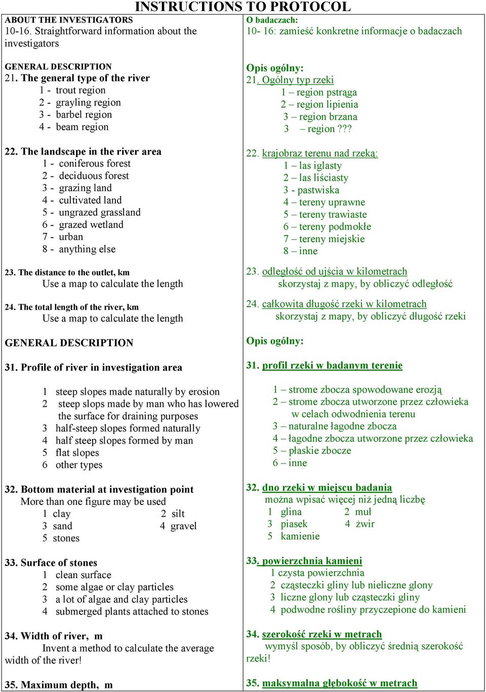 The landscape in the river area 1 - coniferous forest 2 - deciduous forest 3 - grazing land 4 - cultivated land 5 - ungrazed grassland 6 - grazed wetland 7 - urban 8 - anything else 23.