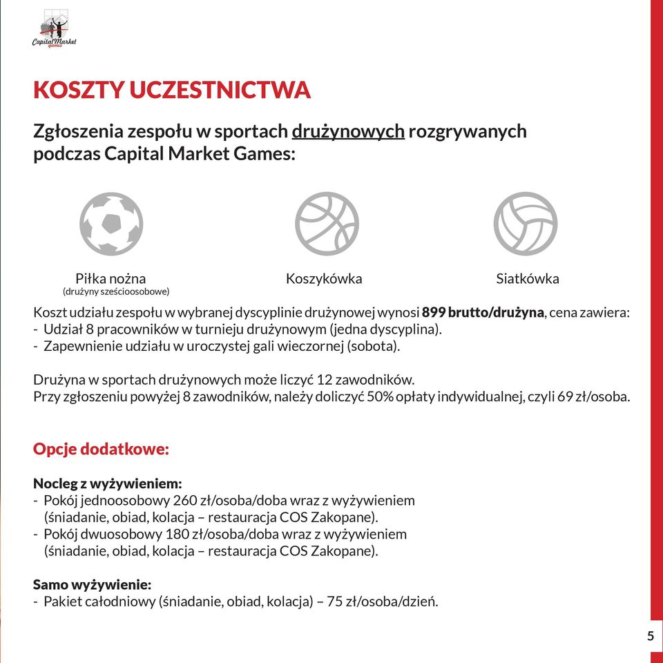 Drużyna w sportach drużynowych może liczyć 12 zawodników. Przy zgłoszeniu powyżej 8 zawodników, należy doliczyć 50% opłaty indywidualnej, czyli 69 zł/osoba.