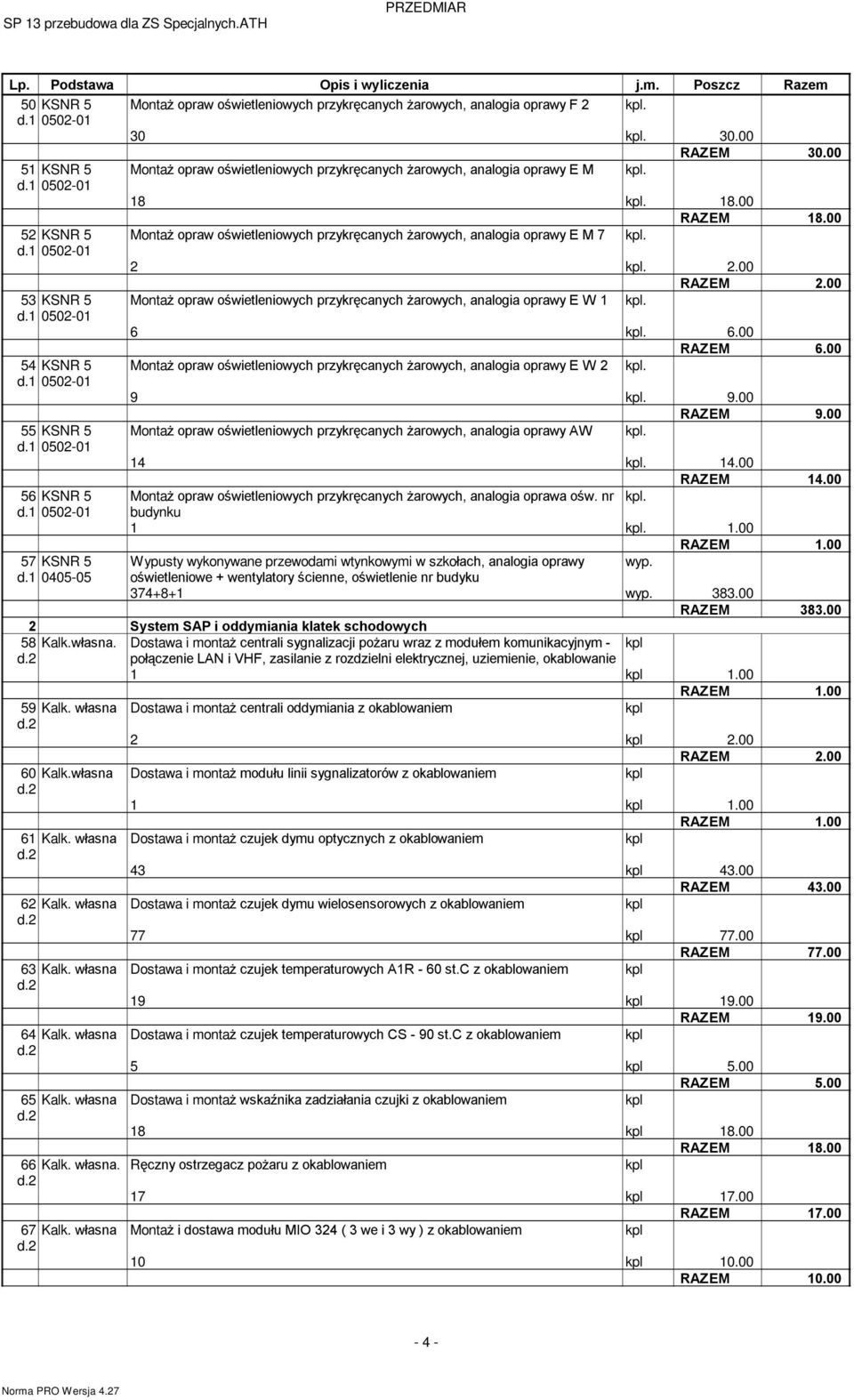 00 53 KSNR 5 Monta opraw oœwietleniowych przykrêcanych arowych, analogia oprawy E W 1. 6. 6.00 RAZEM 6.00 54 KSNR 5 Monta opraw oœwietleniowych przykrêcanych arowych, analogia oprawy E W 2. 9.