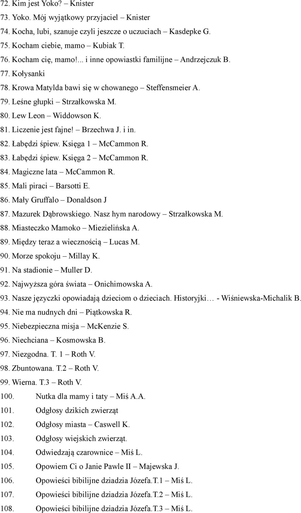 Brzechwa J. i in. 82. Łabędzi śpiew. Księga 1 McCammon R. 83. Łabędzi śpiew. Księga 2 McCammon R. 84. Magiczne lata McCammon R. 85. Mali piraci Barsotti E. 86. Mały Gruffalo Donaldson J 87.