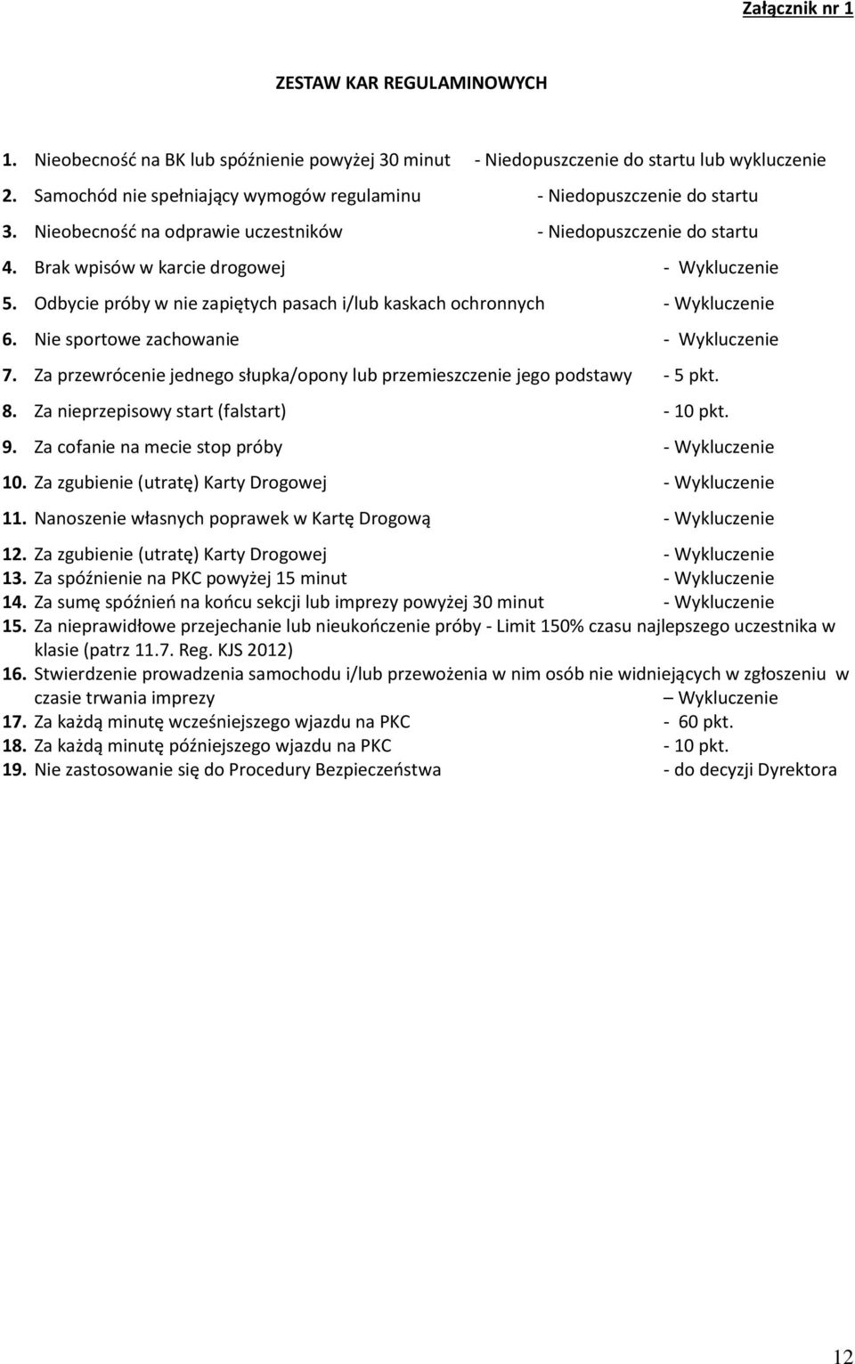 Odbycie próby w nie zapiętych pasach i/lub kaskach ochronnych - Wykluczenie 6. Nie sportowe zachowanie - Wykluczenie 7. Za przewrócenie jednego słupka/opony lub przemieszczenie jego podstawy - 5 pkt.