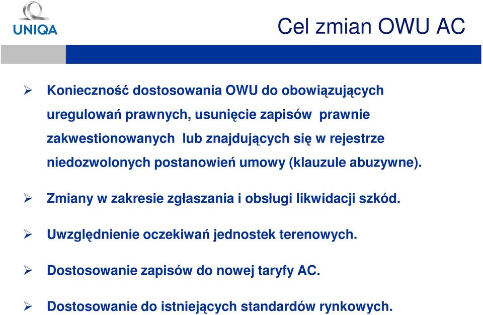abuzywne). Zmiany w zakresie zgłaszania i obsługi likwidacji szkód.