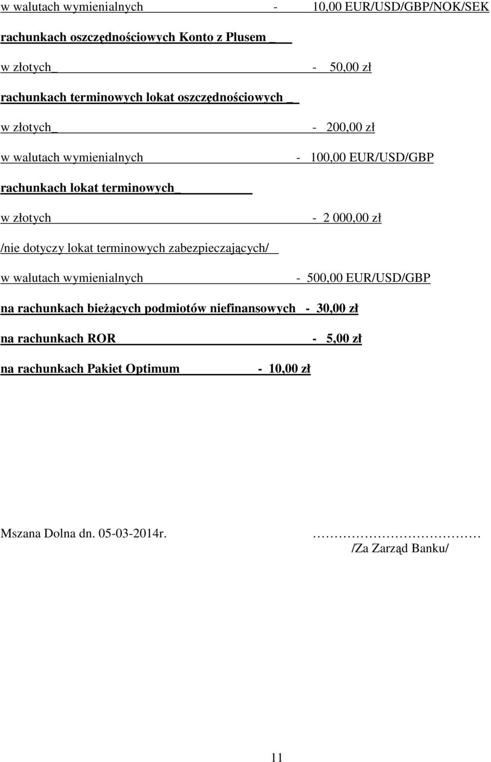 złotych - 2 000,00 zł /nie dotyczy lokat terminowych zabezpieczających/ w walutach wymienialnych - 500,00 EUR/USD/GBP na rachunkach bieżących