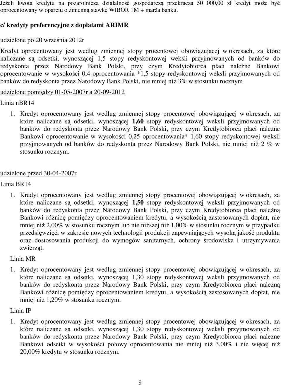 wynoszącej 1,5 stopy redyskontowej weksli przyjmowanych od banków do redyskonta przez Narodowy Bank Polski, przy czym Kredytobiorca płaci należne Bankowi oprocentowanie w wysokości 0,4 oprocentowania