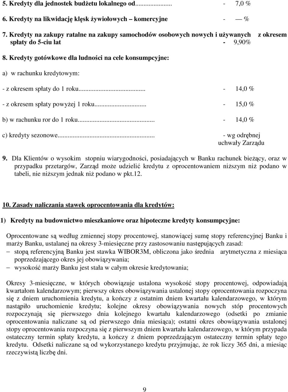 Kredyty gotówkowe dla ludności na cele konsumpcyjne: a) w rachunku kredytowym: - z okresem spłaty do 1 roku... - 14,0 % - z okresem spłaty powyżej 1 roku... - 15,0 % b) w rachunku ror do 1 roku.