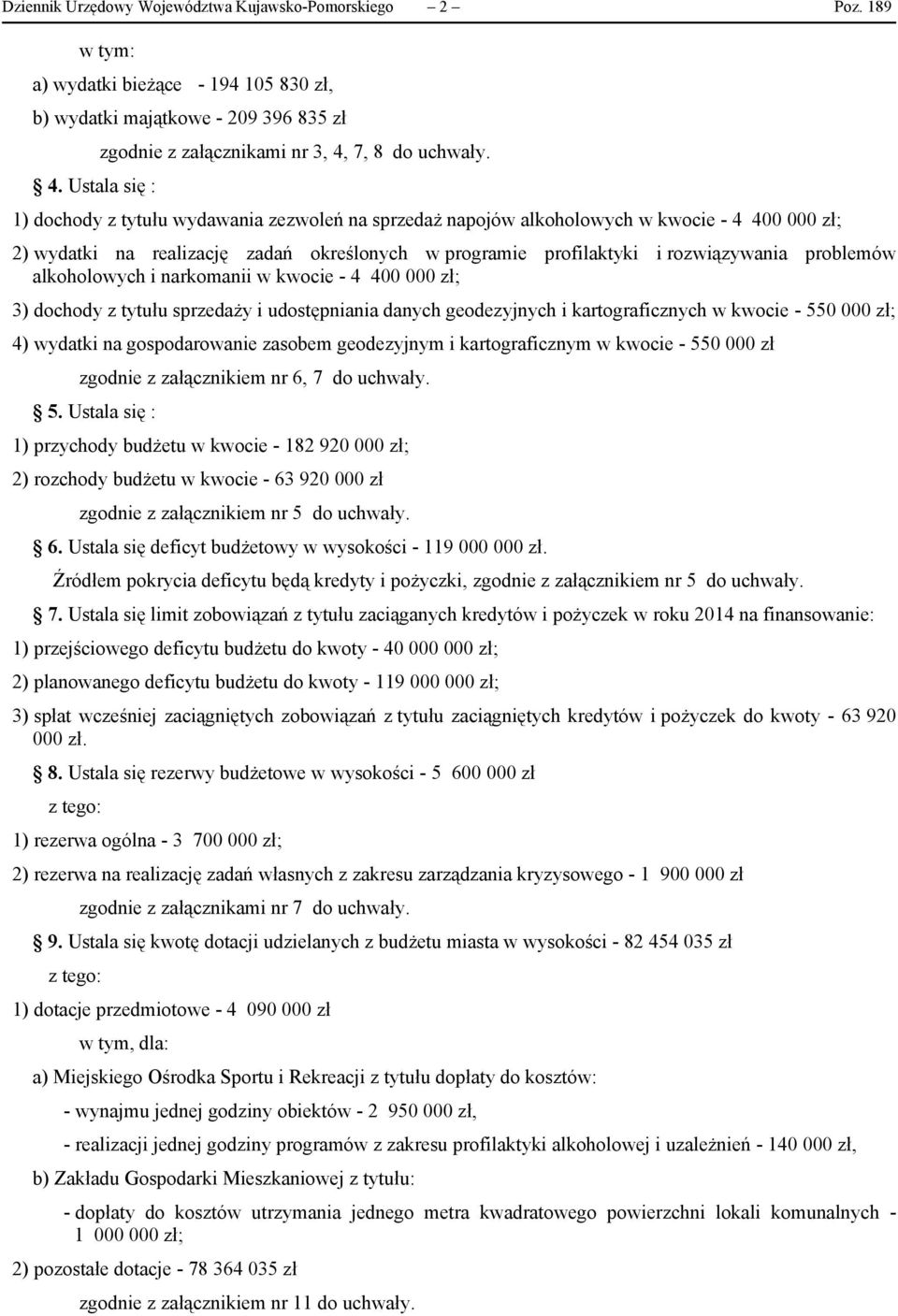 1) dochody z tytułu wydawania zezwoleń na sprzedaż napojów alkoholowych w kwocie - 4 400 000 zł; 2) wydatki na realizację zadań określonych w programie profilaktyki i rozwiązywania problemów