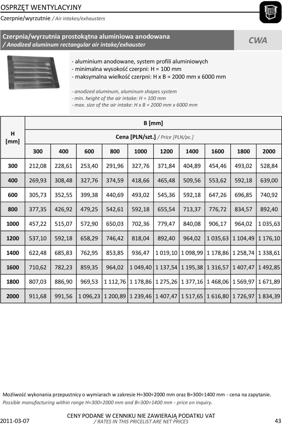 height of the air intake: H = 100 mm - max.