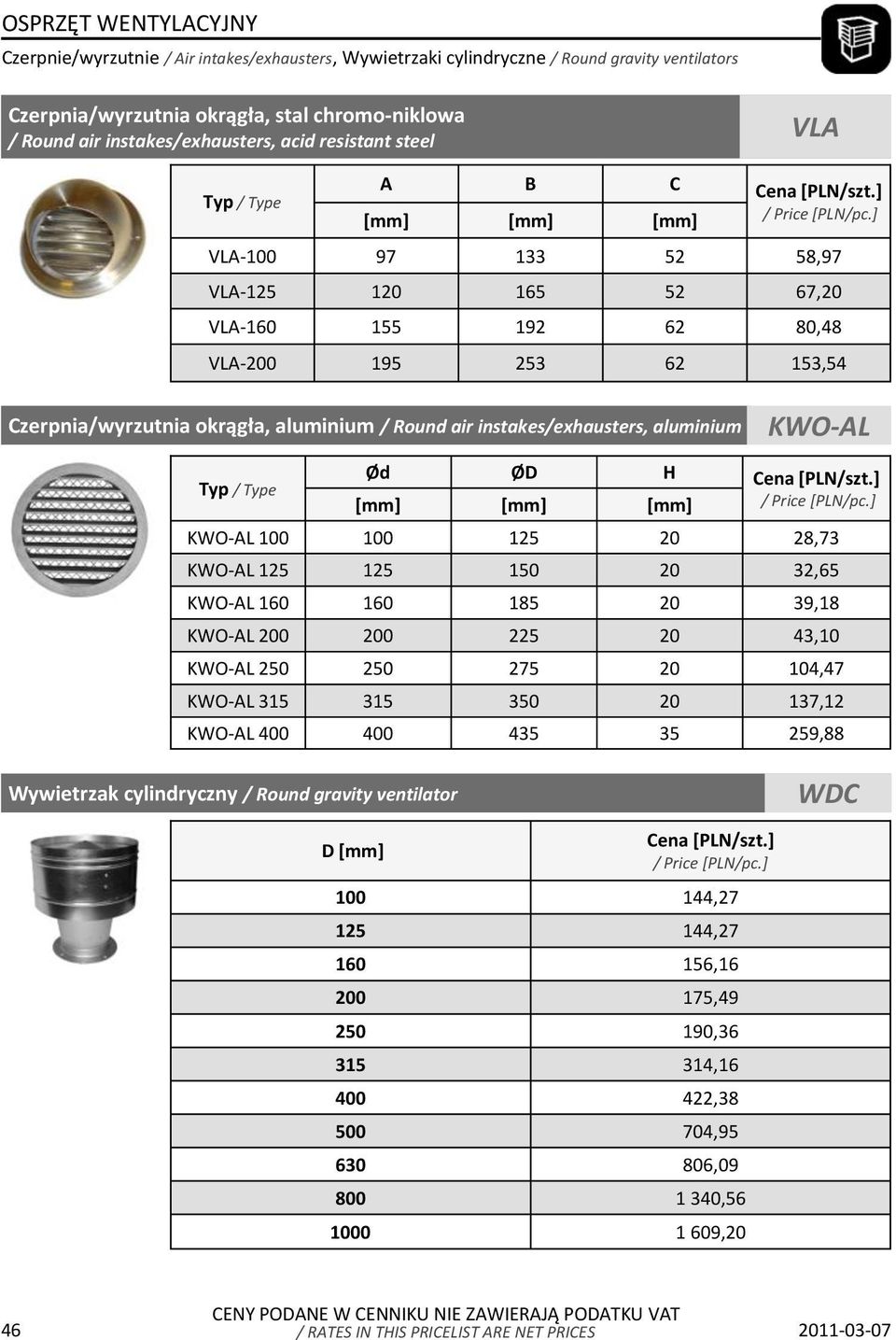 ] VLA-100 97 133 52 58,97 VLA-125 120 165 52 67,20 VLA-160 155 192 62 80,48 VLA-200 195 253 62 153,54 Czerpnia/wyrzutnia okrągła, aluminium / Round air instakes/exhausters, aluminium KWO-AL Typ /