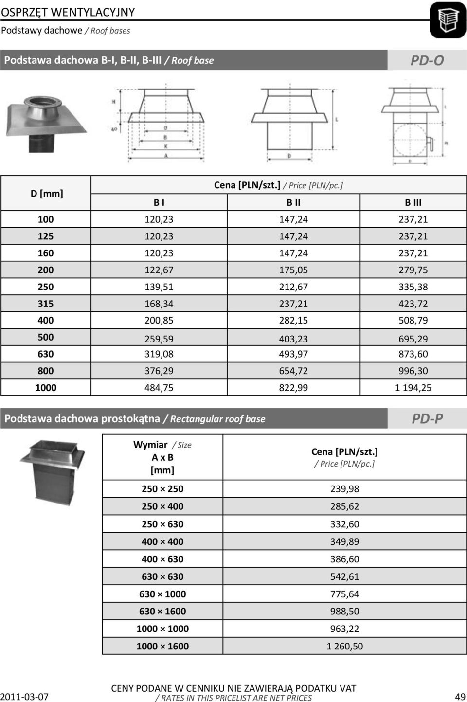 654,72 996,30 1000 484,75 822,99 1 194,25 Podstawa dachowa prostokątna / Rectangular roof base PD-P Wymiar / Size A x B Cena [PLN/szt.