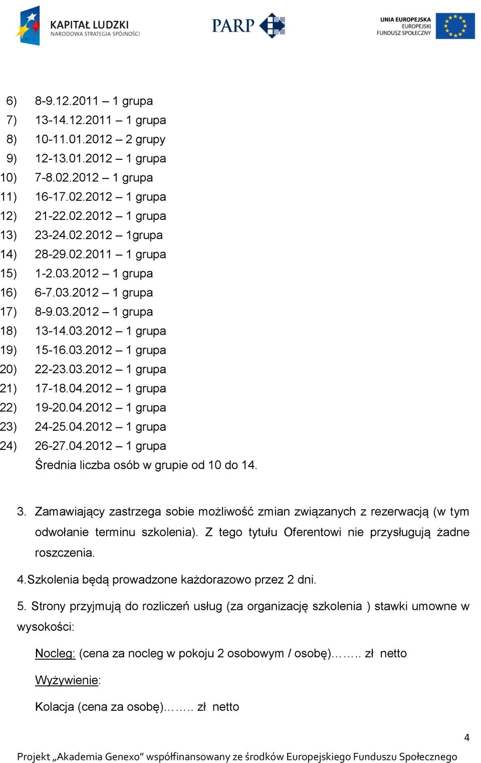 2012 1 grupa 22) 19-20.04.2012 1 grupa 23) 24-25.04.2012 1 grupa 24) 26-27.04.2012 1 grupa Średnia liczba osób w grupie od 10 do 14. 3.