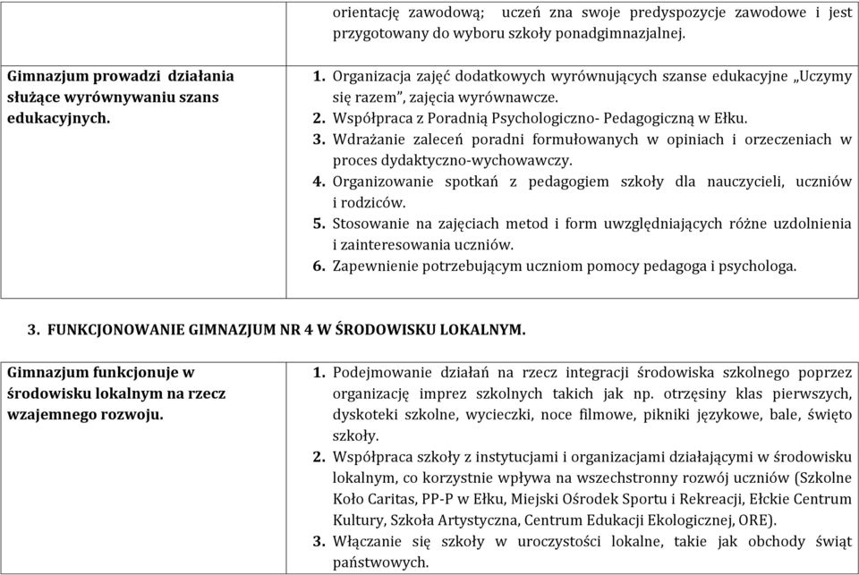 Wdrażanie zaleceń poradni formułowanych w opiniach i orzeczeniach w proces dydaktyczno-wychowawczy. 4. Organizowanie spotkań z pedagogiem szkoły dla nauczycieli, uczniów i rodziców. 5.