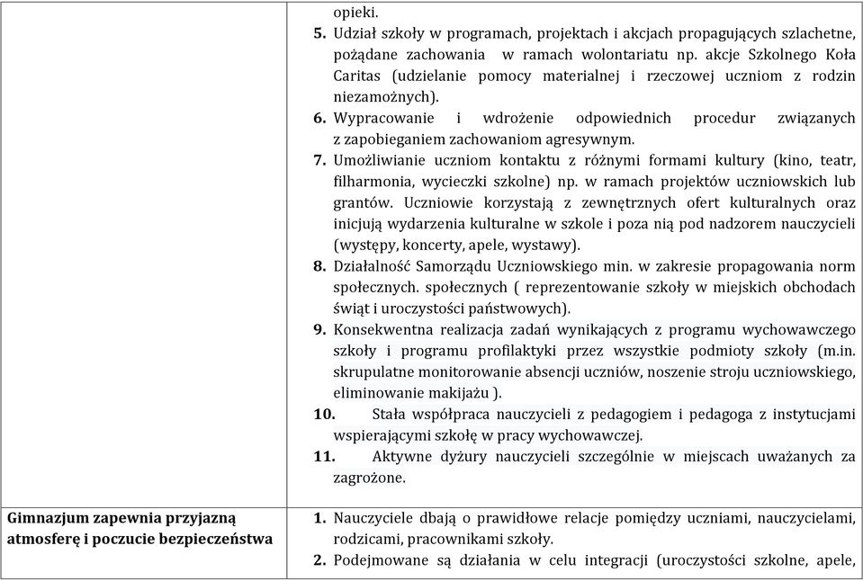 Wypracowanie i wdrożenie odpowiednich procedur związanych z zapobieganiem zachowaniom agresywnym. 7.