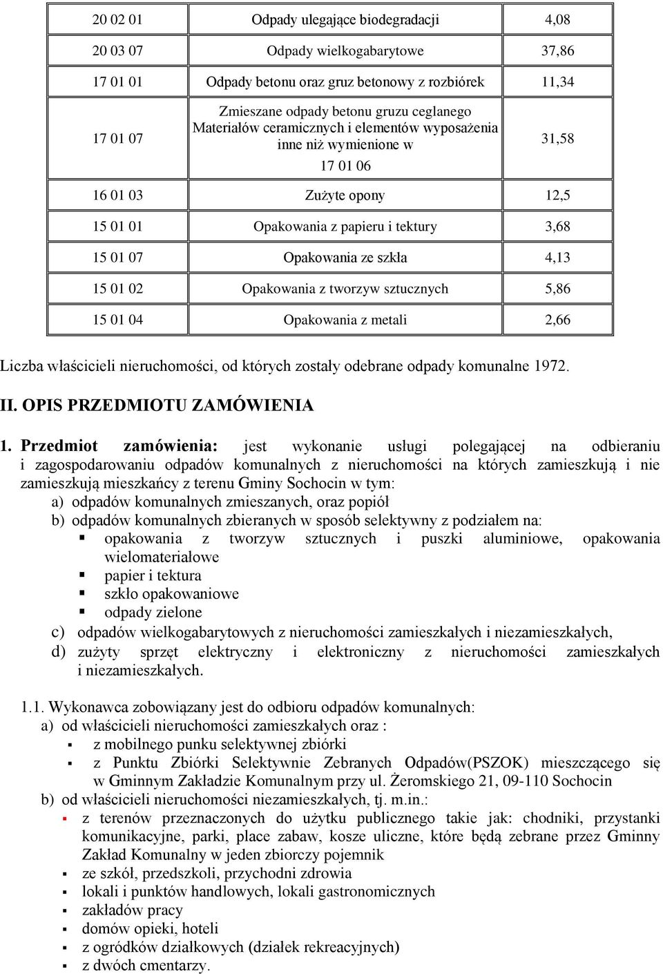 Opakowania z tworzyw sztucznych 5,86 15 01 04 Opakowania z metali 2,66 Liczba właścicieli nieruchomości, od których zostały odebrane odpady komunalne 1972. II. OPIS PRZEDMIOTU ZAMÓWIENIA 1.