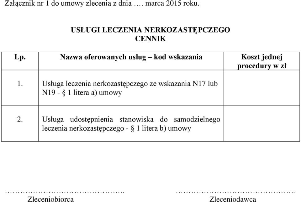Nazwa oferowanych usług kod wskazania Koszt jednej procedury w zł 1.
