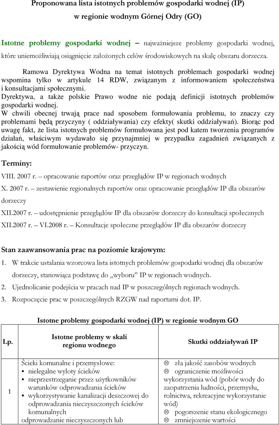 Ramowa Dyrektywa Wodna na temat istotnych problemach gospodarki wodnej wspomina tylko w artykule 14 RDW, związanym z informowaniem społeczeństwa i konsultacjami społecznymi.