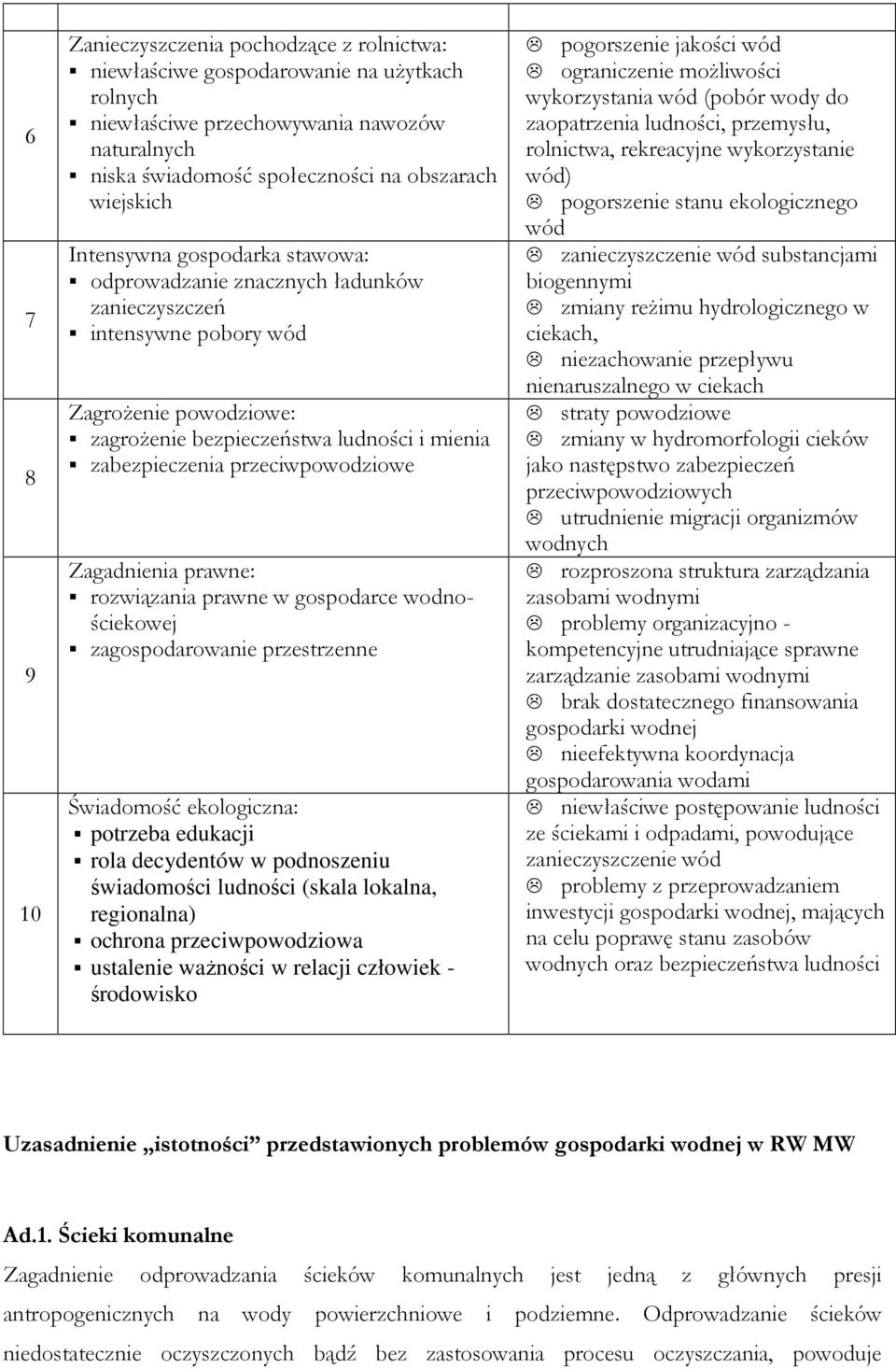 przeciwpowodziowe Zagadnienia prawne: rozwiązania prawne w gospodarce wodnościekowej zagospodarowanie przestrzenne Świadomość ekologiczna: potrzeba edukacji rola decydentów w podnoszeniu świadomości
