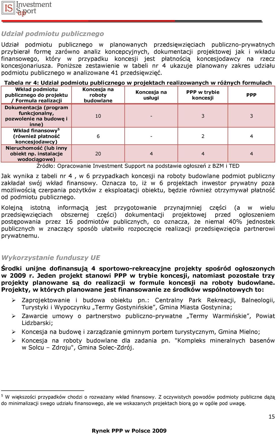 PoniŜsze zestawienie w tabeli nr 4 ukazuje planowany zakres udziału podmiotu publicznego w analizowane 41 przedsięwzięć.