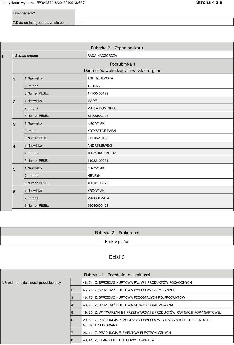 Nazwisko ANDRZEJEWSKI JERZY KAZIMIERZ 3.Numer PESEL 44032100231 5 1.Nazwisko KRZYWIAK HENRYK 3.Numer PESEL 46013103273 6 1.Nazwisko KRZYWIAK MAŁGORZATA 3.